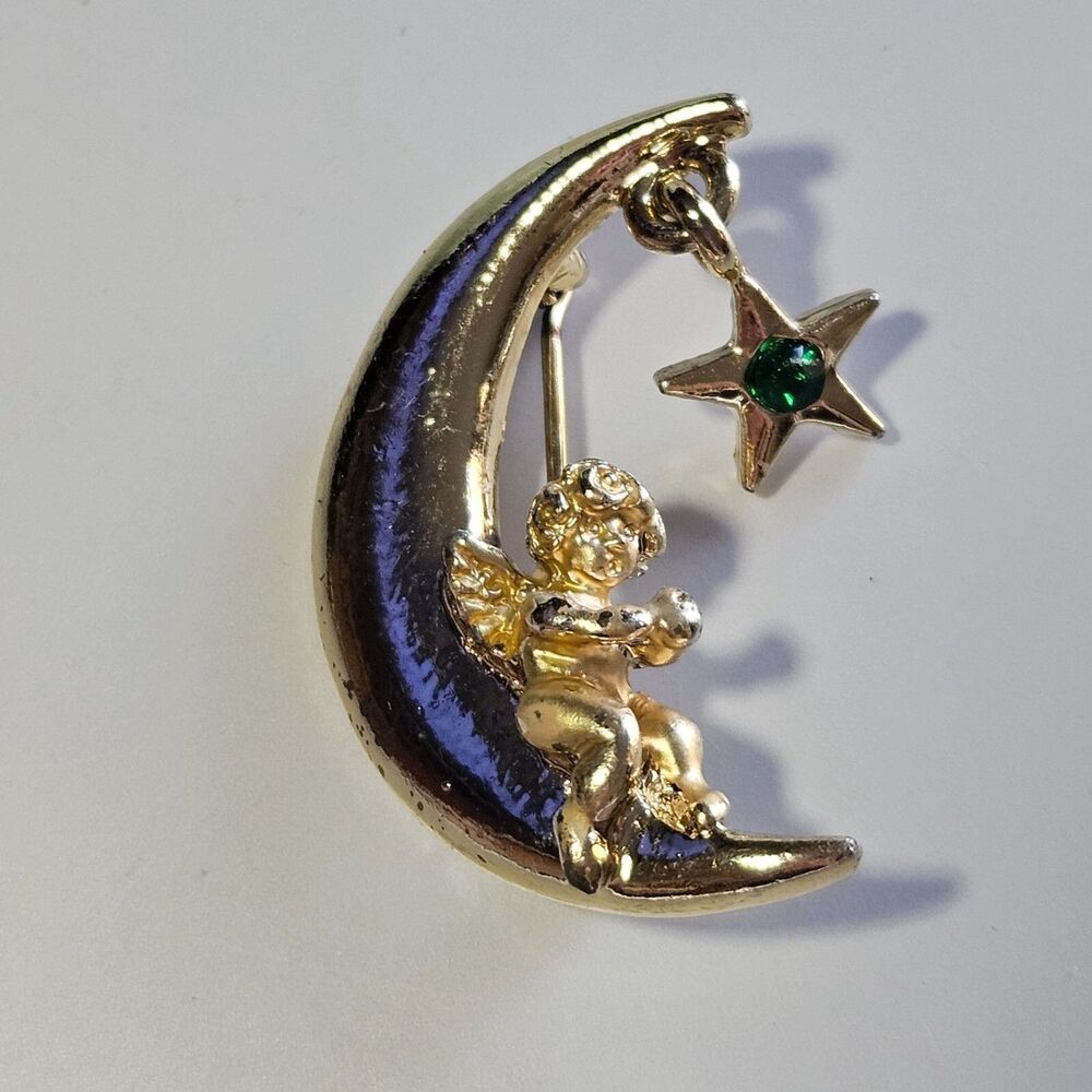 *Sale* L Razza Gold Tone Moon and Dangling Star Brooch Green Rhinestone